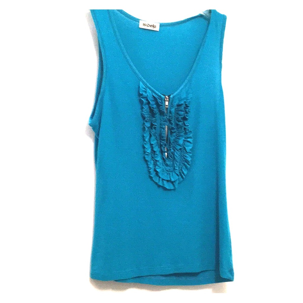 Turquoise Zip Down Ruffle Ribbed Top - Picture 2 of 6
